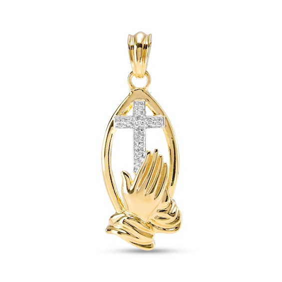 Diamond Accent Cross and Praying Hands Necklace Charm in Sterling Silver with 14K Gold Plate