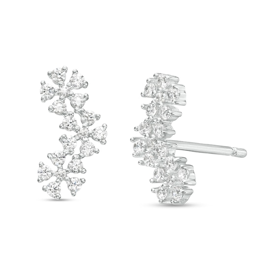 Cubic Zirconia Cluster Flower Crawler Stud Earrings in Sterling Silver