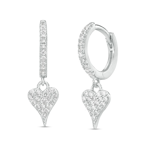 PavÃ© Heart Cubic Zirconia Huggie Hoop Drop Earrings in Sterling Silver