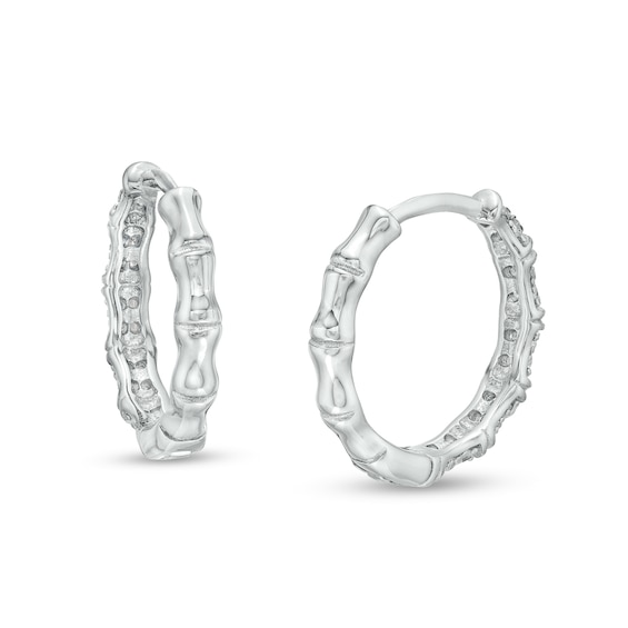 Cubic Zirconia PavÃ© Bamboo Huggie Hoop Earrings in Sterling Silver