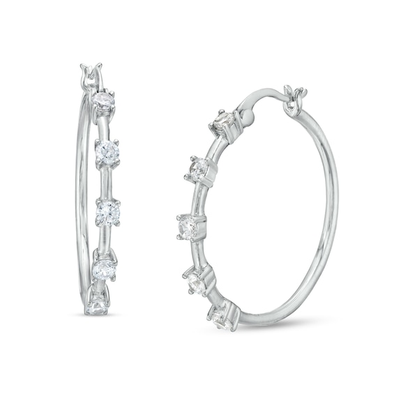 Cubic Zirconia Five Stone Hoop Earrings in Sterling Silver
