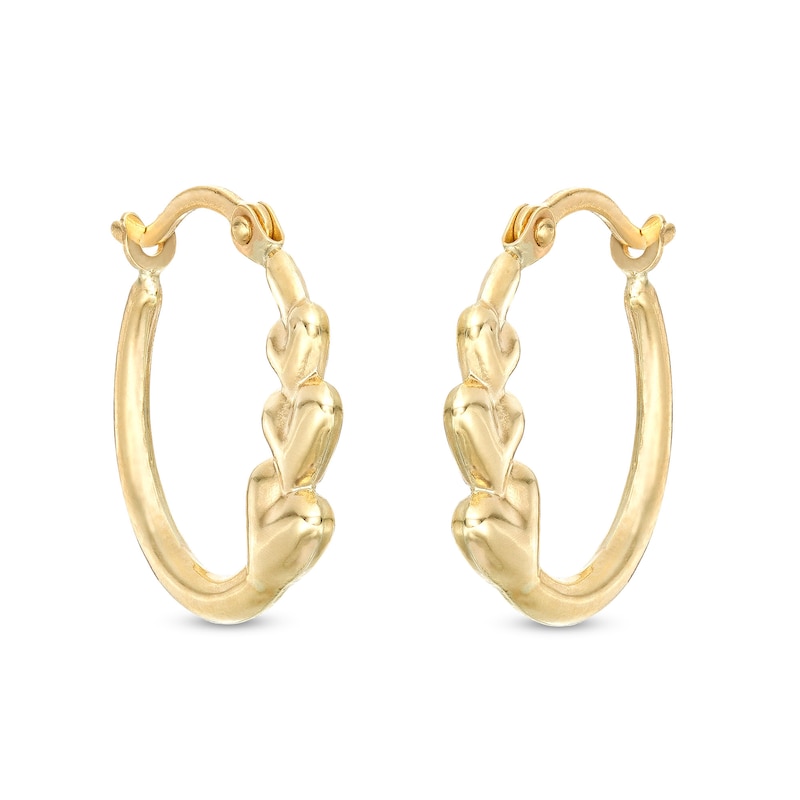 Main Image 1 of Three Heart Hoop Earrings in 10K Hollow Gold