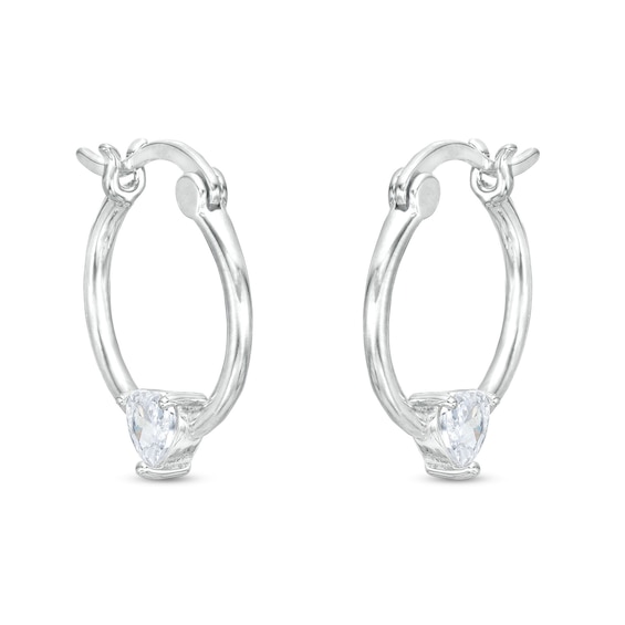 Cubic Zirconia 18mm Heart Station Hoop Earring Solid Sterling Silver