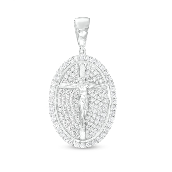Cubic Zirconia Oval Crucifix Necklace Charm in Sterling Silver