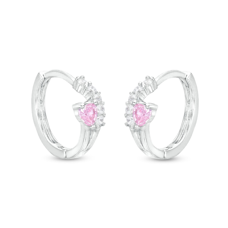 Main Image 1 of ​​​​​​​Cubic Zirconia Pink Heart Huggie Hoop Earrings in Solid Sterling Silver