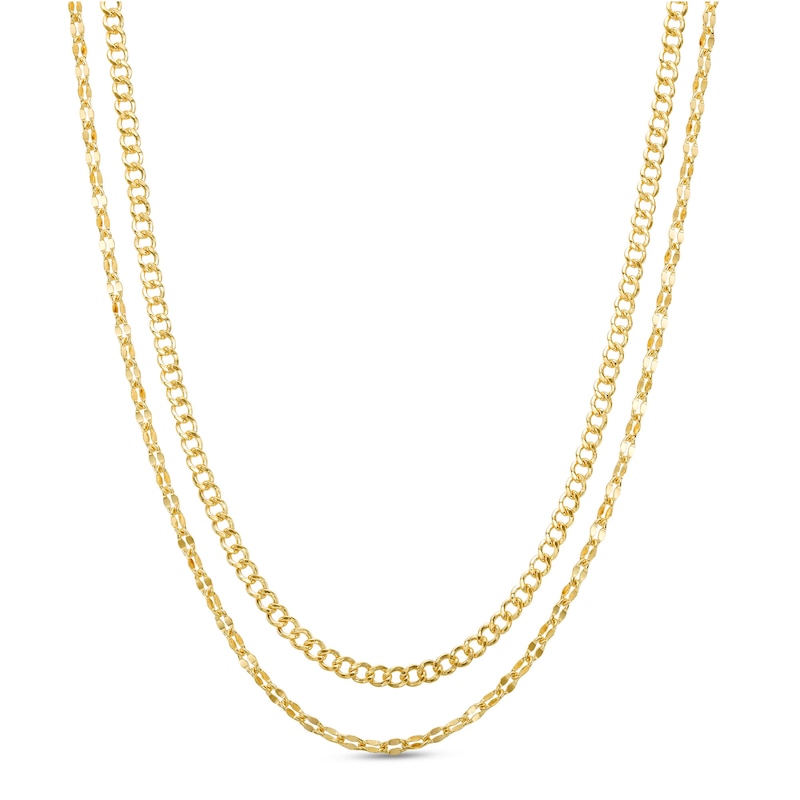 Double Flat Curb and Mirror Cable Chain Necklace in 10K Solid Gold ...