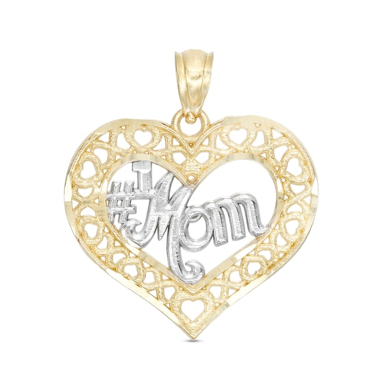 #1 Mom XO Heart Necklace Charm in 10K Two-Tone Gold