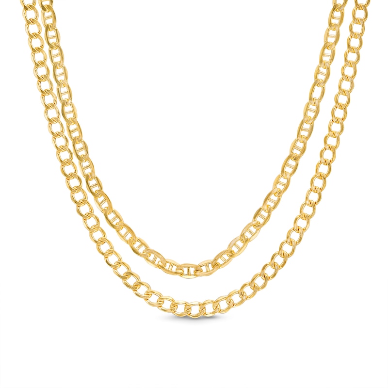 Double Mariner and Bevelled Curb Chain Necklace in 10K Hollow Gold ...