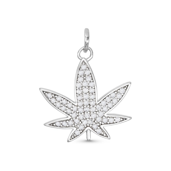 Cubic Zirconia Pavé Herbal Leaf Necklace Charm in Sterling Silver