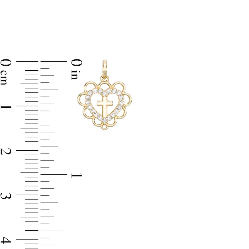 Cubic Zirconia Cross Open Heart Necklace Charm in 10K Gold