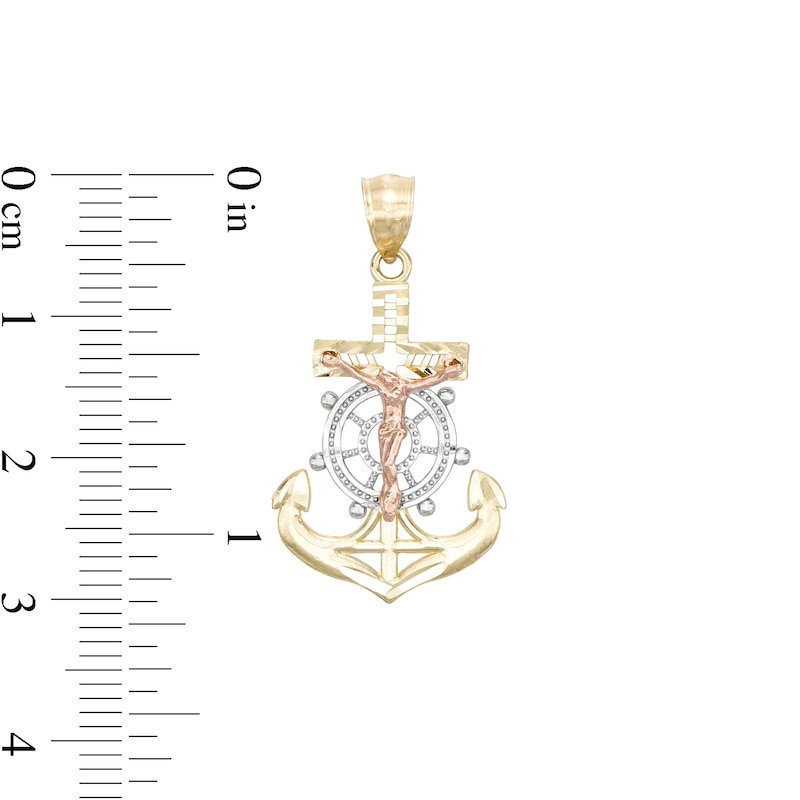 Crucifix Anchor Tri-Tone Necklace Charm in 10K Gold
