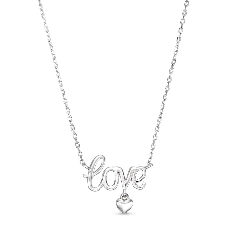 Main Image 1 of Small Cursive Love with Heart Dangle Pendant Necklace in Sterling Silver