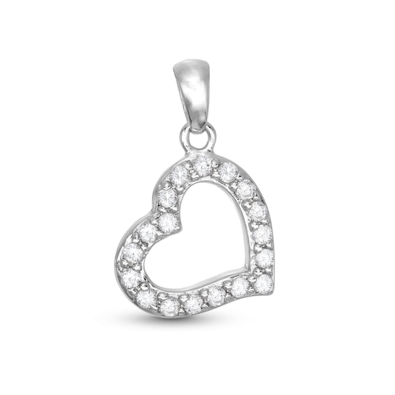 Cubic Zirconia Medium Tilted Open Heart Necklace Charm in Sterling Silver