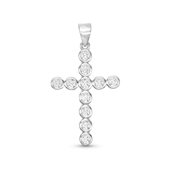 Cubic Zirconia Bezel Set Cross Necklace Charm in Sterling Silver