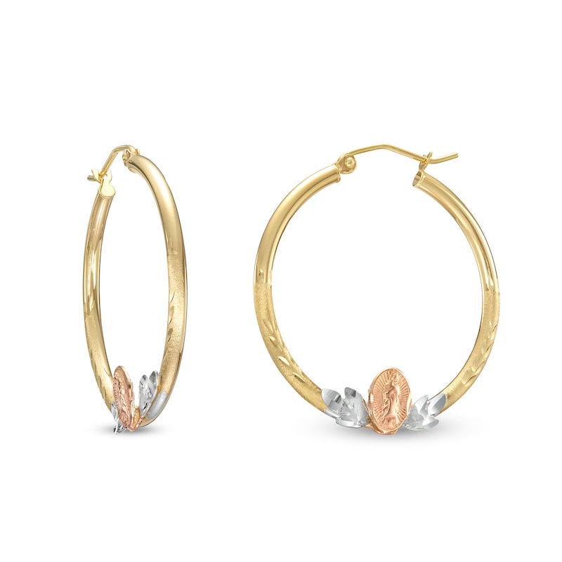 Diamond-Cut Our Lady of Guadalupe Tri-Tone Hoop Earrings in 10K Gold ...