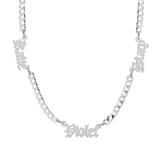 Three Name Gothic Nameplate Curb Chain Personalized Necklace in Solid Sterling Silver (1 Line) - 18"