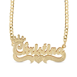 Script Name with Crown and Heart Curb Chain Necklace in Solid Sterling Silver in 14K Gold Plate (1 Line) - 18&quot;