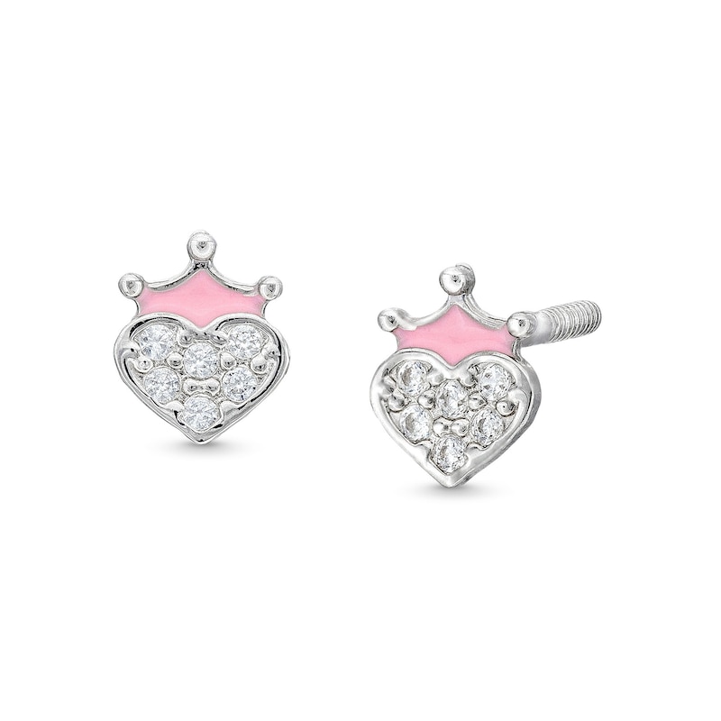 Main Image 1 of Cubic Zirconia and Pink Enamel Crown Heart Stud Earrings in Sterling Silver