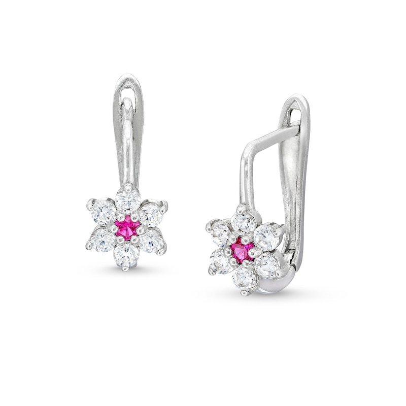 Main Image 1 of Child's ​​​​​​​Cubic Zirconia and Simulated Ruby Flower Earrings in Sterling Silver