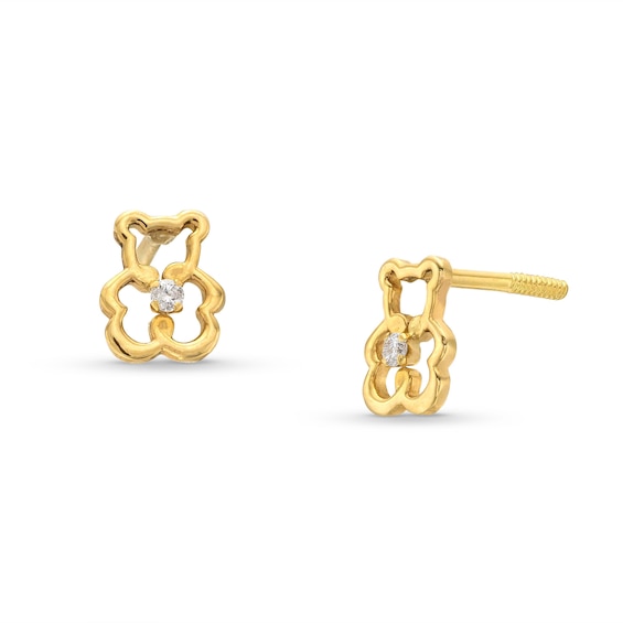 Child's Cubic Zirconia Bear Earrings in 10K Solid Gold