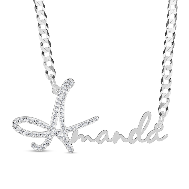 Cubic Zirconia Personalized Name Script Curb Chain Necklace in Sterling Silver - 18"