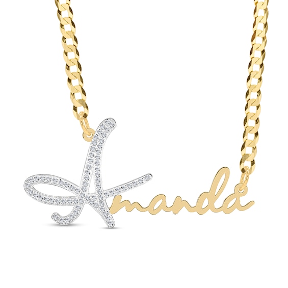 Cubic Zirconia Personalized Name Script Curb Chain Necklace in Sterling Silver with 14K Gold Plate - 18"