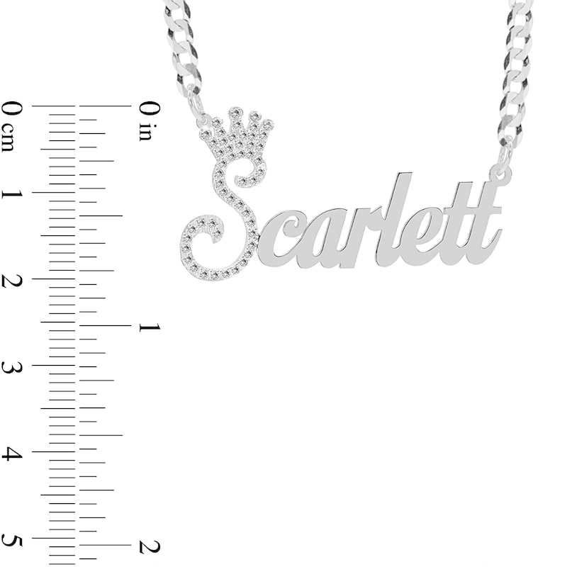 Cubic Zirconia Personalized Crown Name Script Curb Chain Necklace in Sterling Silver - 18"