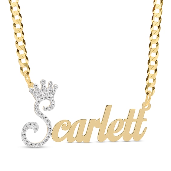 Cubic Zirconia Personalized Crown Name Script Curb Chain Necklace in Sterling Silver with 14K Gold Plate - 18"