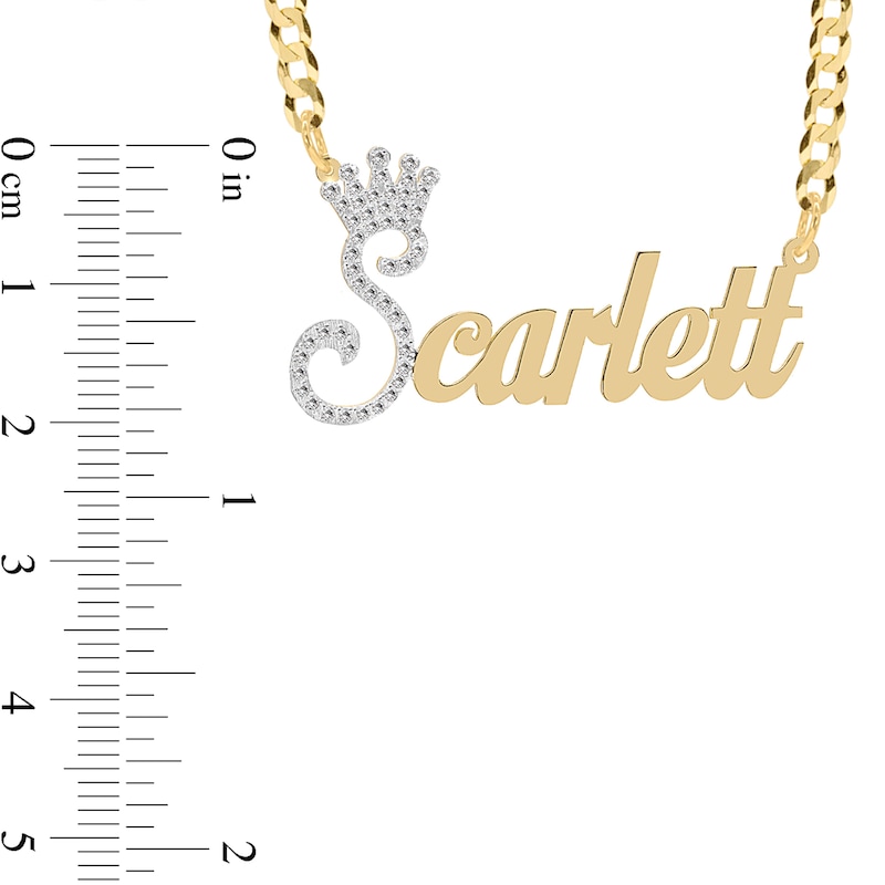 Cubic Zirconia Personalized Crown Name Script Curb Chain Necklace in Sterling Silver with 14K Gold Plate - 18"