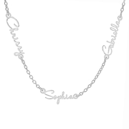 Three Name Script Nameplate Curb Chain Necklace in Solid Sterling Silver - 18&quot;