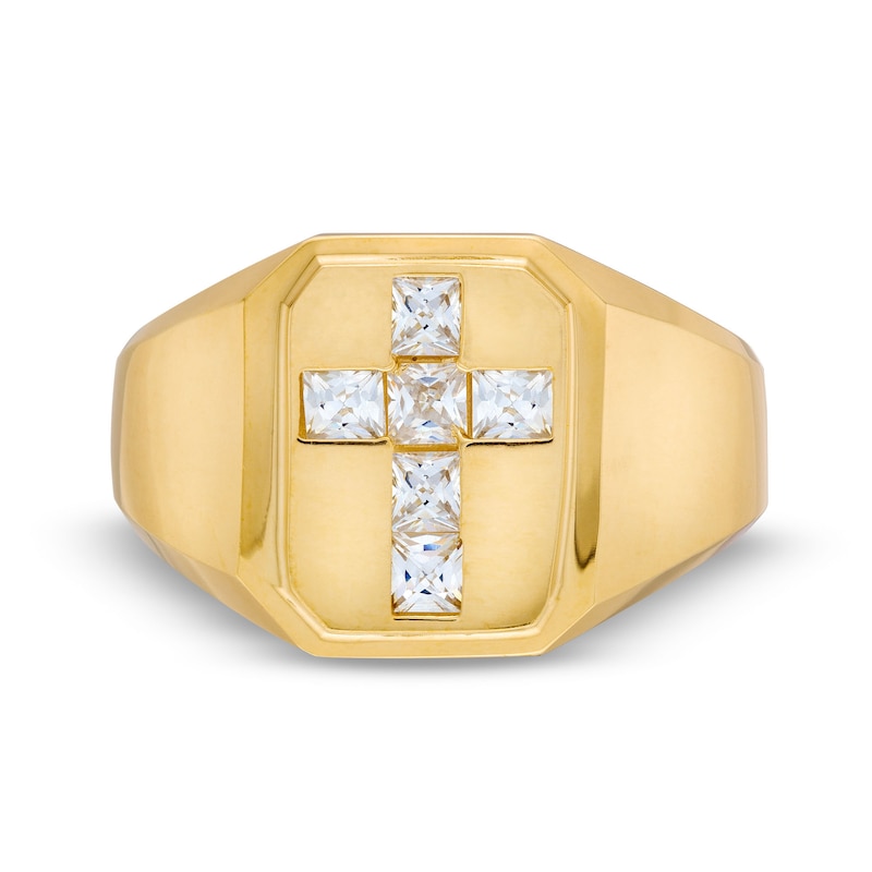 10K Hollow Gold CZ Signet Cross Ring - Size 10.5