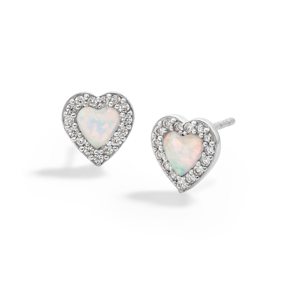 Sterling Silver Simulated Opal and CZ Heart Studs