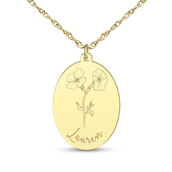 Birth Flower and Name Oval Pendant Necklace