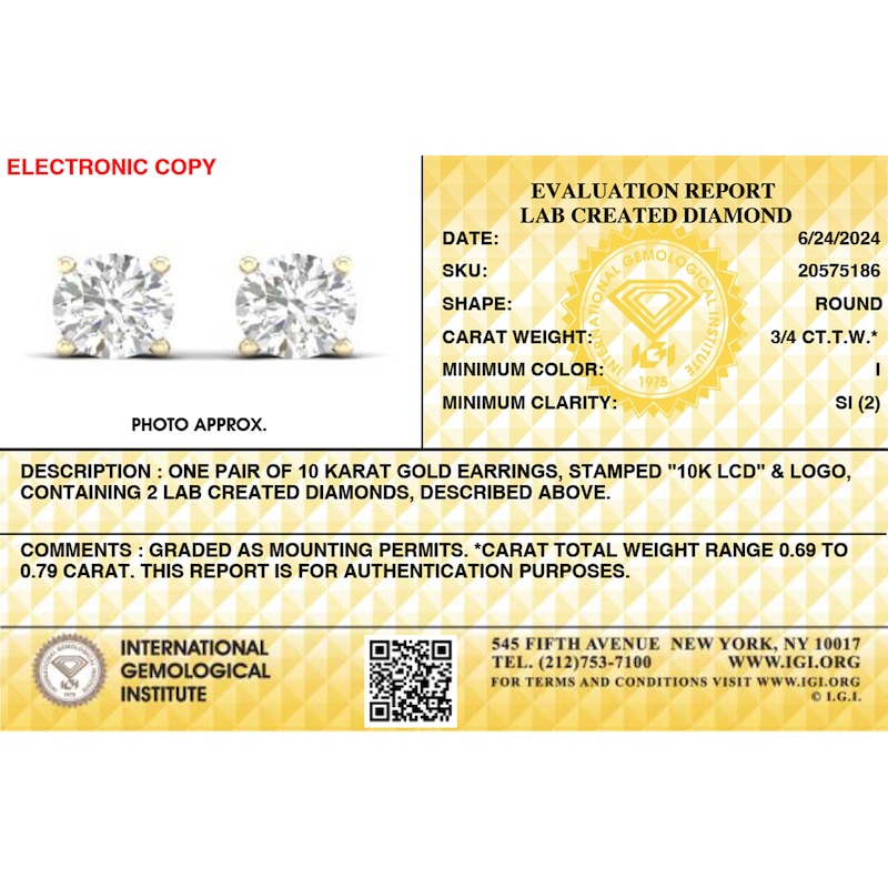 Main Image 6 of ​​​​​​​10K Solid Gold 3/4 CT. T.W. Lab-Created Diamond Studs