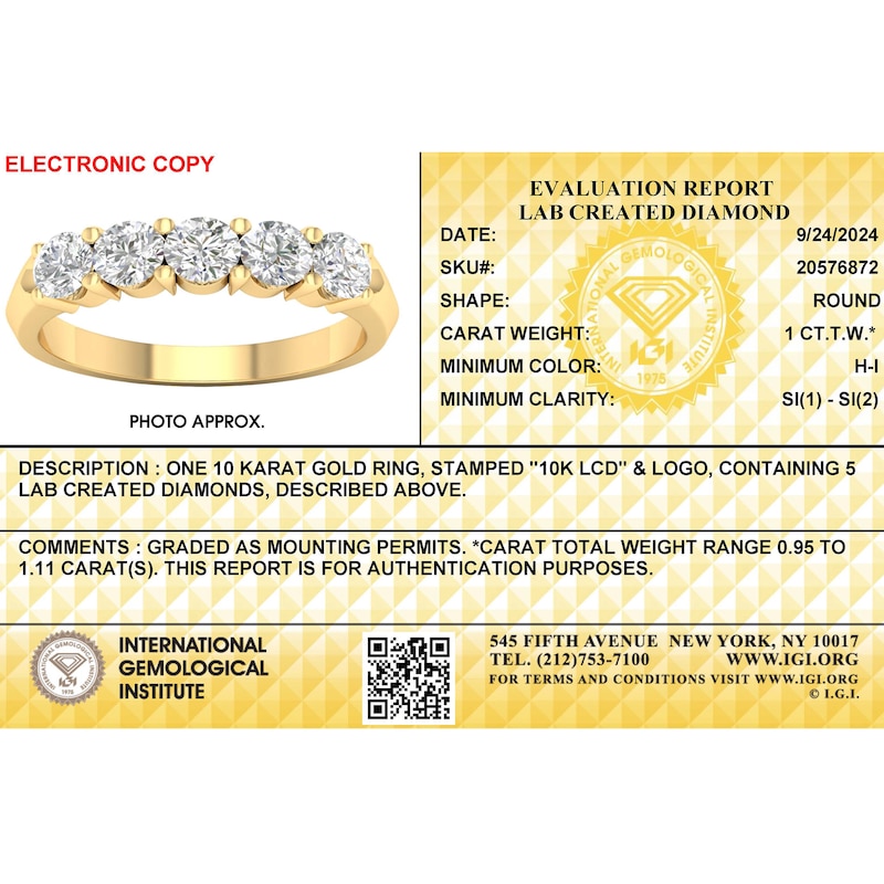 Main Image 7 of ​​​​​​​​​​​​​​10K Solid Gold 1 CT. T.W. Lab-Created Diamond Five Stone Ring