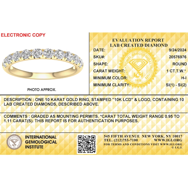 Main Image 6 of ​​​​​​​​​​​​​​​​​​​​​10K Solid Gold 1 CT. T.W. Lab-Created Diamond Anniversary Band