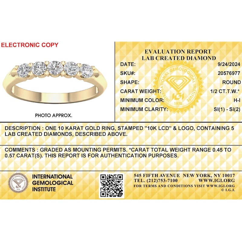 Main Image 6 of ​​​​​​​​​​​​​​10K Solid Gold 1/2 CT. T.W. Lab-Created Diamond Five Stone Ring