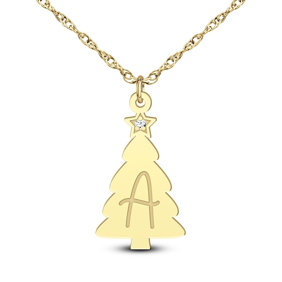 Diamond Accent Holiday Tree Initial Pendant Necklace