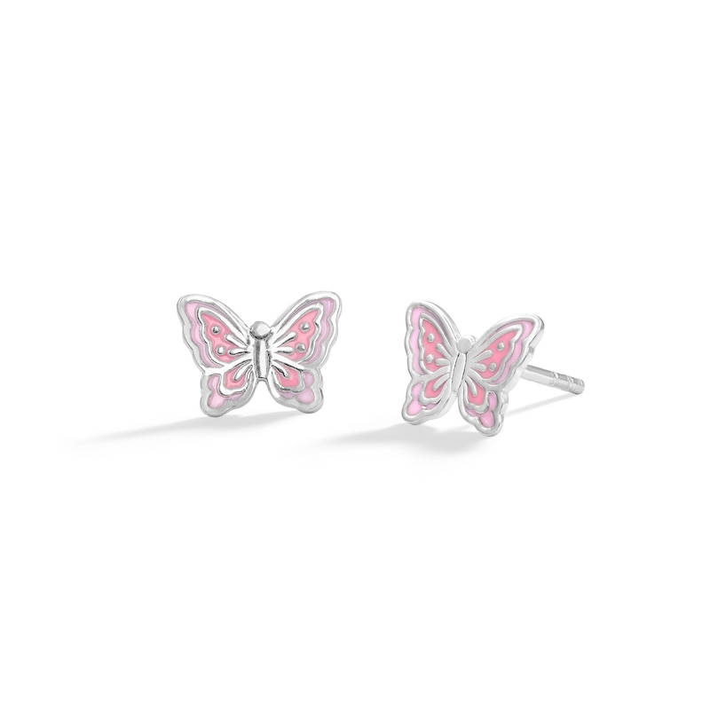 Main Image 1 of Child's Sterling Silver Pink Enamel Butterfly Studs