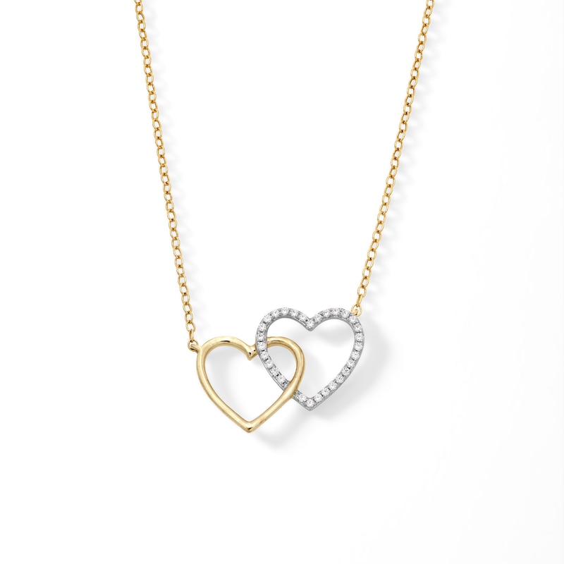 Main Image 1 of 10K Solid Gold 1/10 CT. T.W. Diamond Double Heart Necklace