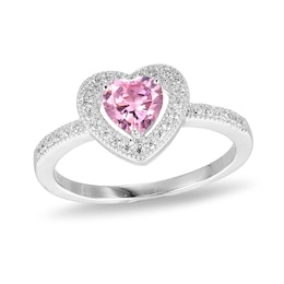 ​​​​​​​Sterling Silver Pink CZ Heart Halo Ring - Size 7