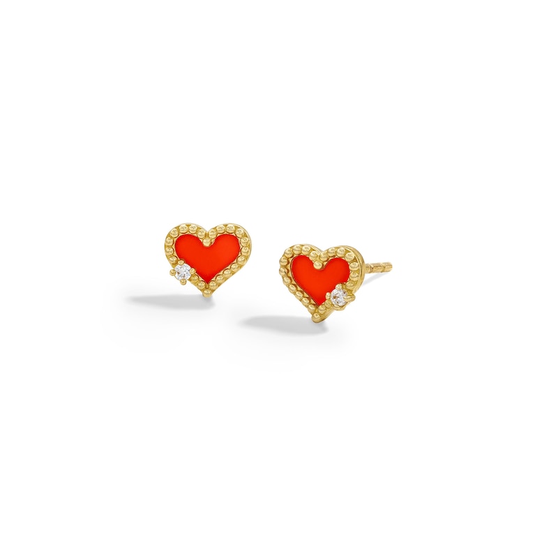 Child's 10K Solid Gold CZ and Red Enamel Heart Studs