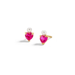 Child's 10K Semi-Solid Synthetic Ruby and Freshwater Cultured Pearl Heart Studs