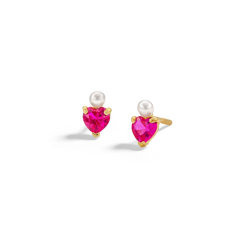 Child's 10K Semi-Solid Synthetic Ruby and Cultured Freshwater Pearl Heart Studs