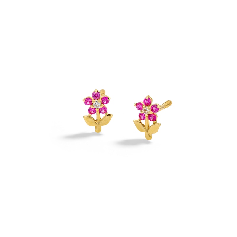 Child's 10K Solid Gold Synthetic Ruby and CZ Flower Studs
