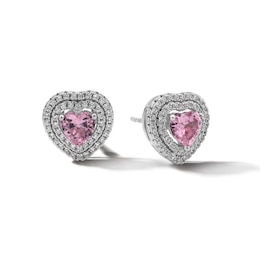 Sterling Silver CZ Pink Double-Halo Heart Studs