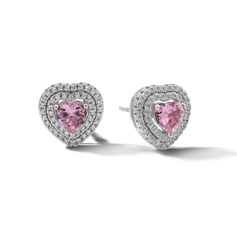 Main Image 1 of Sterling Silver CZ Pink Double-Halo Heart Studs