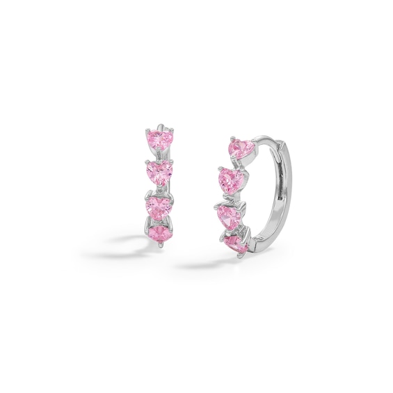 Sterling Silver Pink CZ Heart Huggie Hoops