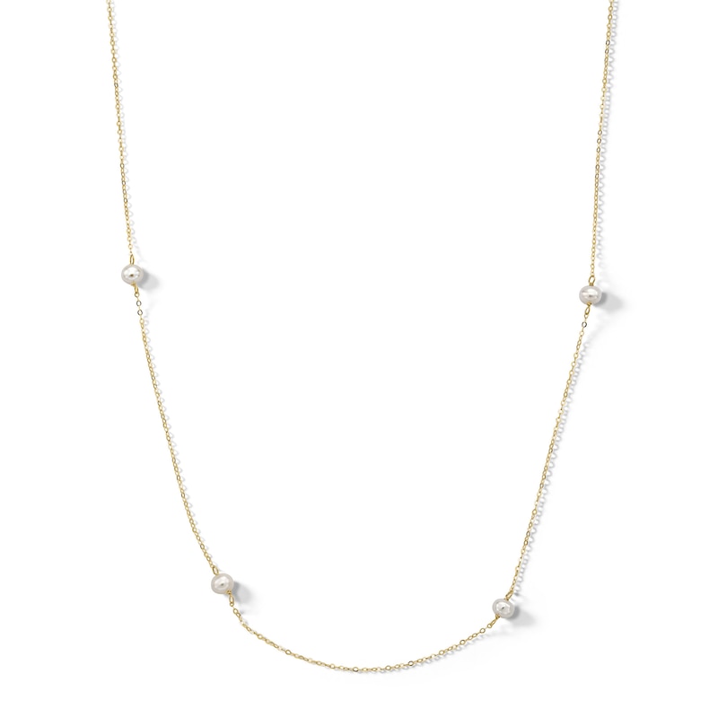 10K Solid Gold Freshwater Cultured Pearl Station Necklace - 16" + 2"