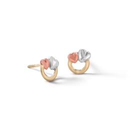 Child's 14K Semi-Solid Tri-Tone Gold Double Heart Circle Studs